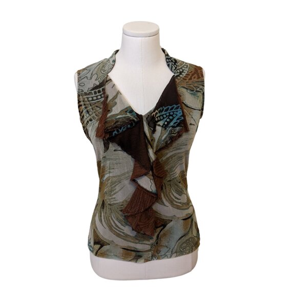 Vintage Y2K Forest Fairy Tank Top V Neck Ruffle Sheer Lace Mesh Green Brown Sz M - Picture 1 of 8